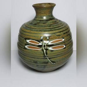 Vintage Japanese Round Pottery Vase With Dragonfly Decoration